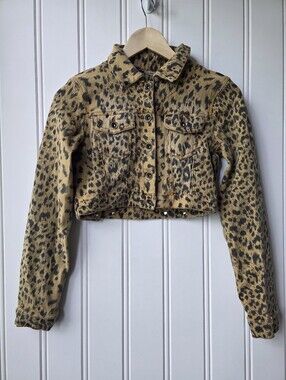 Dollhouse Cropped Leopard Print Denim Jacket Tan Black Small